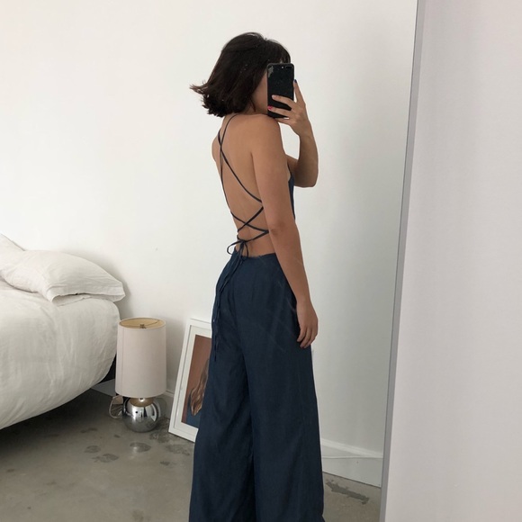 Lovers + Friends Pants - Denim Jumpsuit with Criss Cross Straps Open Back